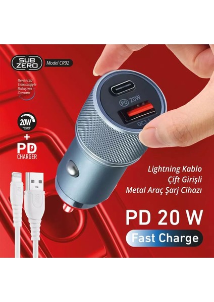 CR92 20W 3.4A Hızlı Pd+Usb Çıkışlı Iphone Araç Şarj Aleti