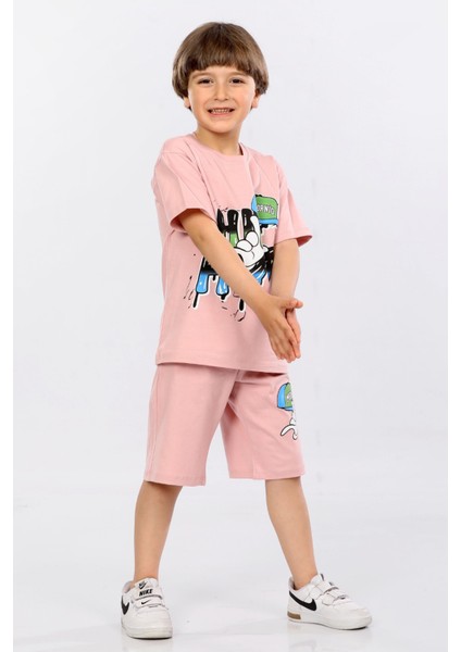 Erkek Çocuk %100 Pamuk Hip-Hop Baskılı T-Shirt ve Şort 2 Li Takım MRN3102728-1VF