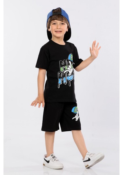 Erkek Çocuk %100 Pamuk Hip-Hop Baskılı T-Shirt ve Şort 2 Li Takım MRN3102728-1VF fiyatları