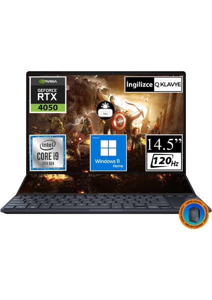 Zenbook Pro 14 Duo UX8402VU-AS96T00TT01 I9-13900H 32GB 2tbssd RTX4050 14.5" Touch W11H Taşınabilir BILGISAYAR-CNT002