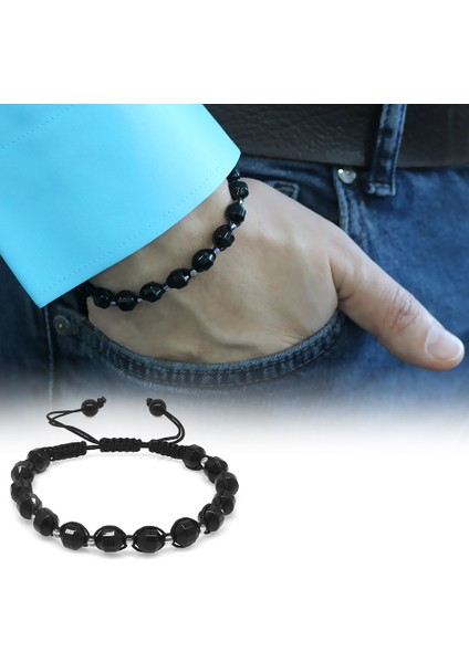 Makrome Örgülü Faset Kesim Oniks Doğaltaş Erkek Bileklik