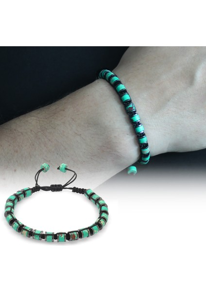 Silindir Kesim Makrome Örgülü Yeşil Varisit-Hematit Kombinli Doğaltaş Erkek Bileklik