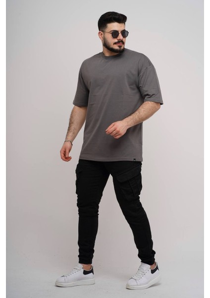 Erkek Over Size Basic Sade T-SHIRT%100 Pamuklu Kalın Dokulu Kumaş Bisiklet Yaka