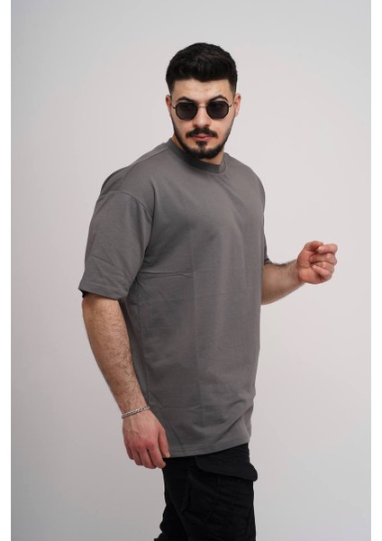 Erkek Over Size Basic Sade T-SHIRT%100 Pamuklu Kalın Dokulu Kumaş Bisiklet Yaka