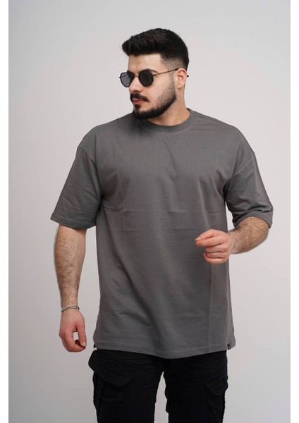Erkek Over Size Basic Sade T-SHIRT%100 Pamuklu Kalın Dokulu Kumaş Bisiklet Yaka