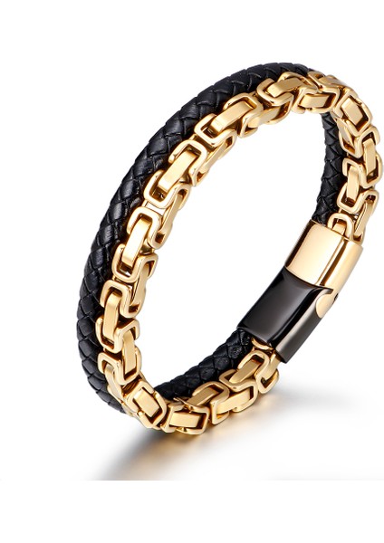 Altın Rengi Kral Zincir & Gerçek Deri Örgü Kombinli Magnetic Tokalı 316L Kalite Çelik Mekanizmalı Erkek Bileklik