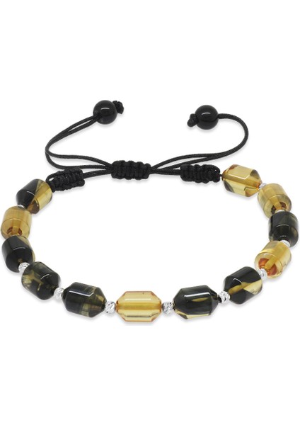 Makrome Örgülü Beyaz Dorika Top Süslemeli Siyah-Beyaz Ateş Kehribar Erkek Bileklik