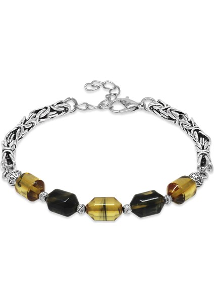 Kararmaz Metal Kral Zincirli Beyaz Dorika Top Süslemeli Siyah-Beyaz Ateş Kehribar Erkek Bileklik