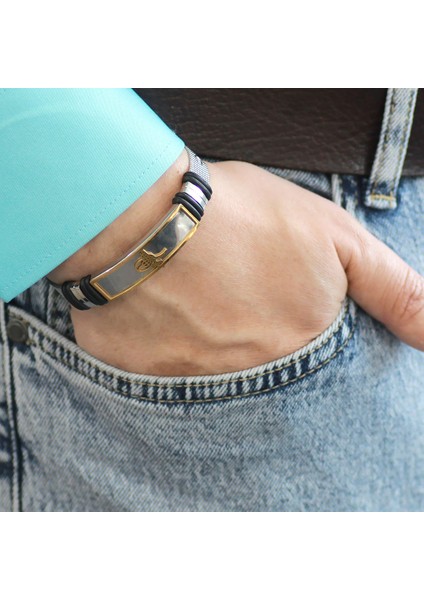 Tuğra Temalı Uzunluk Ayarlanabilir Silver-Gold Renk Çelik Erkek Hasır Bileklik