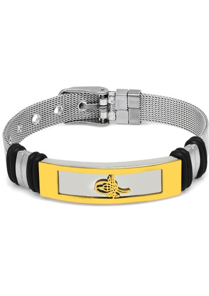 Tuğra Temalı Uzunluk Ayarlanabilir Silver-Gold Renk Çelik Erkek Hasır Bileklik fiyatları