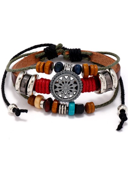 Çok Katmanlı Deri&metal Alaşım Kombinasyonu Etnik Tasarım Güneş Detaylı Retro Erkek Bileklik fiyatları