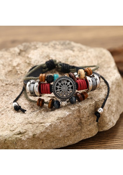 Çok Katmanlı Deri&metal Alaşım Kombinasyonu Etnik Tasarım Güneş Detaylı Retro Erkek Bileklik modelleri