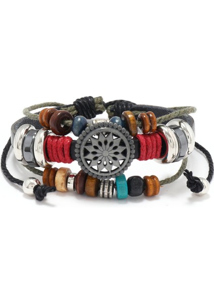 Çok Katmanlı Siyah Deri&metal Alaşım Kombinasyonu Etnik Tasarım Güneş Detaylı Retro Erkek Bileklik fiyatları