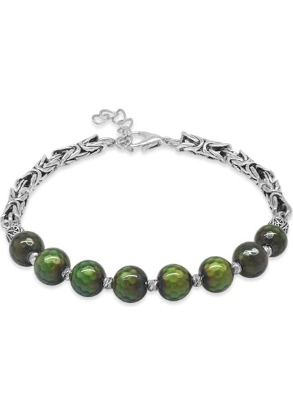 Kararmaz Metal Kral Zincirli Silver Renk Dorika Top Süslemeli Küre Kesim Fasetalı His Taşı Erkek Bileklik