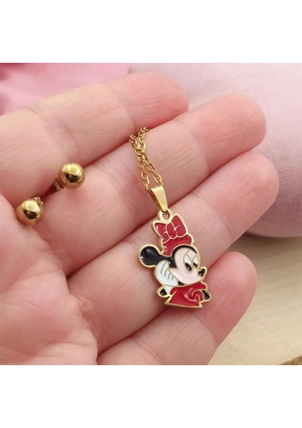 Çelik Mickey Mouse Kolye ve Top Küpe Seti | Kız Çocuğu Kolye ve Küpe Seti