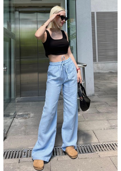 Mavi Bol Paça Müslin Kadın Pantolon %100 Pamuk Günlük Kullanım İçin MG1980