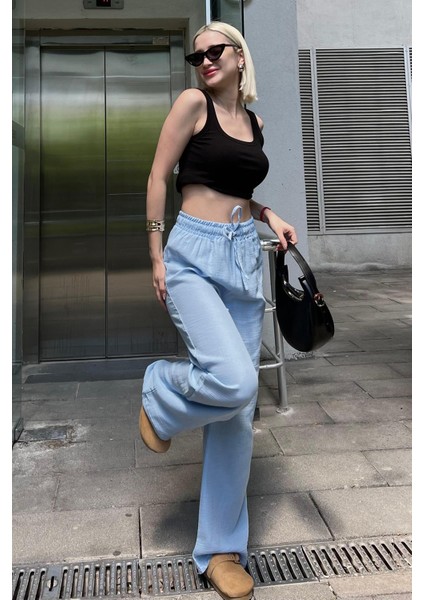 Mavi Bol Paça Müslin Kadın Pantolon %100 Pamuk Günlük Kullanım İçin MG1980 fiyatları