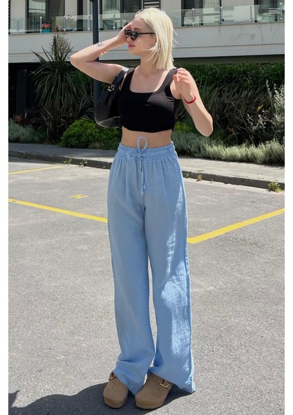 Mavi Bol Paça Müslin Kadın Pantolon %100 Pamuk Günlük Kullanım İçin MG1980 modelleri