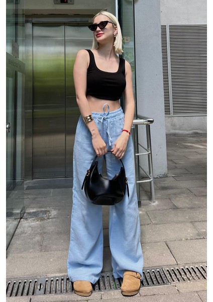 Mavi Bol Paça Müslin Kadın Pantolon %100 Pamuk Günlük Kullanım İçin MG1980 fırsatları