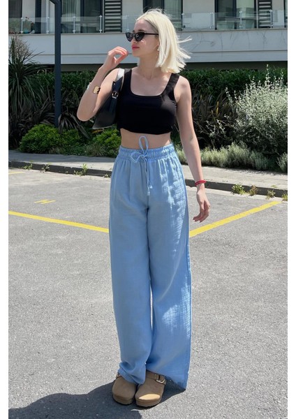 Mavi Bol Paça Müslin Kadın Pantolon %100 Pamuk Günlük Kullanım İçin MG1980 indirimleri