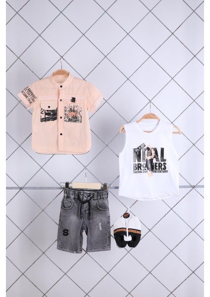 Babyhola Kısa Kol Gömlek Badi Pantolon Ayakkabı Erkek Çocuk Takım 4'lü Kombin 0745