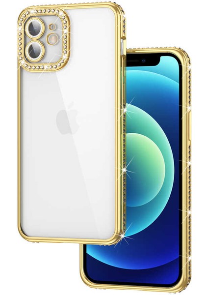 Apple iPhone 12 Uyumlu Kamera Korumalı Taşlı Zore Mina Kapak-Gold