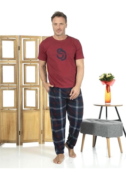 Patlı Pamuklu Kısa Kol Ekose Kareli Erkek Pijama Takım