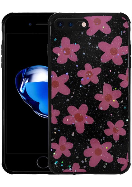 Apple iPhone 7 Plus Uyumlu Simli Desenli Kamera Korumalı Parlak Zore Popy Kapak-Çiçek