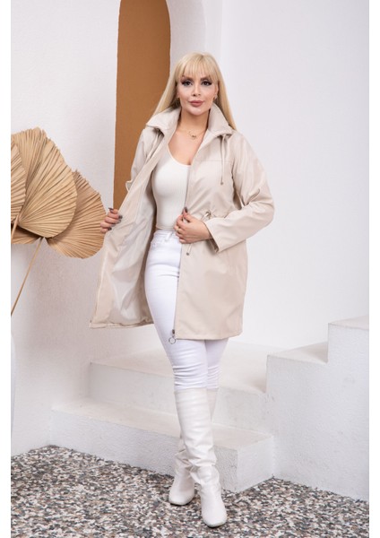 Kadın Kapüşonlu Fermuarlı Astarlı Ayarlanabilir Bel Bondit Kumaş Büyük Beden Yağmurluk fiyatları