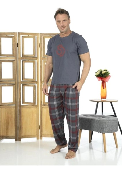 Patlı Pamuklu Kısa Kol Ekose Kareli Erkek Pijama Takım