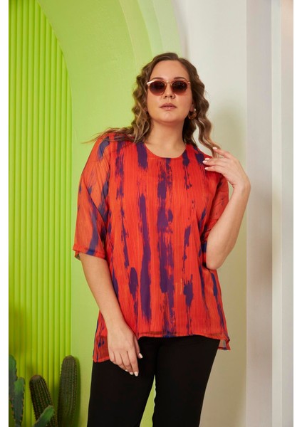 Desenli Büyük Beden Oranj Şifon Bluz