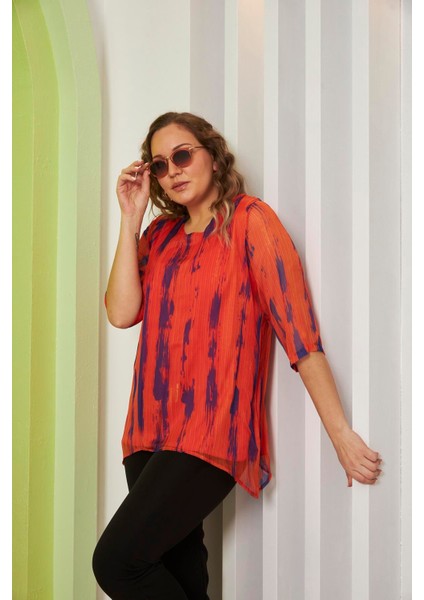 Desenli Büyük Beden Oranj Şifon Bluz fiyatları