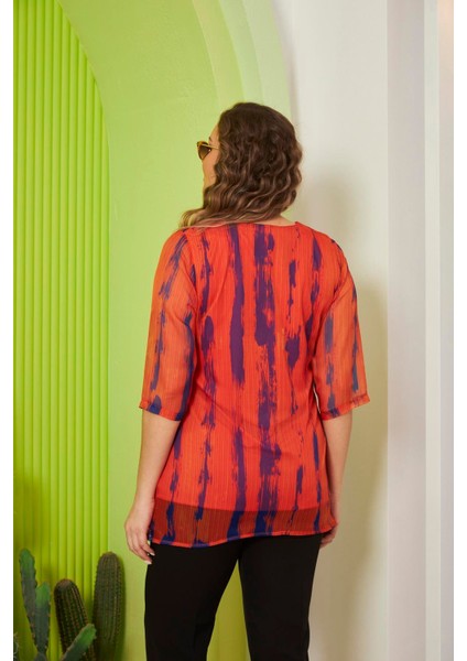 Desenli Büyük Beden Oranj Şifon Bluz modelleri