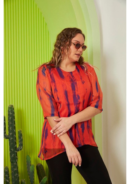 Desenli Büyük Beden Oranj Şifon Bluz fırsatları