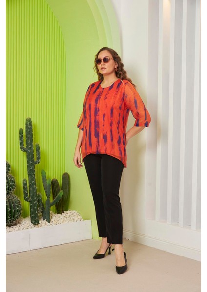 Desenli Büyük Beden Oranj Şifon Bluz indirimleri