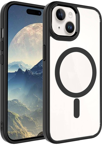 Apple iPhone 15 Plus Uyumlu Wireless Şarj Özellikli Zore Krom Magsafe Silikon Kapak-Siyah