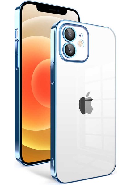 Apple iPhone 12 Uyumlu Kamera Korumalı Renkli Çerçeveli Garaj Kapak-Açık Mavi