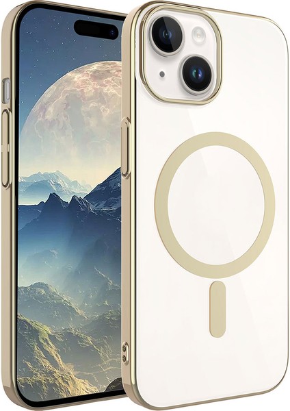 Apple iPhone 15 Plus Uyumlu Zore Wireless Şarj Özellikli Pixel Magsafe Kapak-Gold