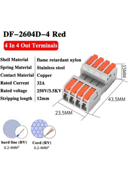 25 Adet Hızlı Kablo Ekleme Birleştirme Konnektörü - Dörtlü Klemens - Bağlantı Kesme Özellikli