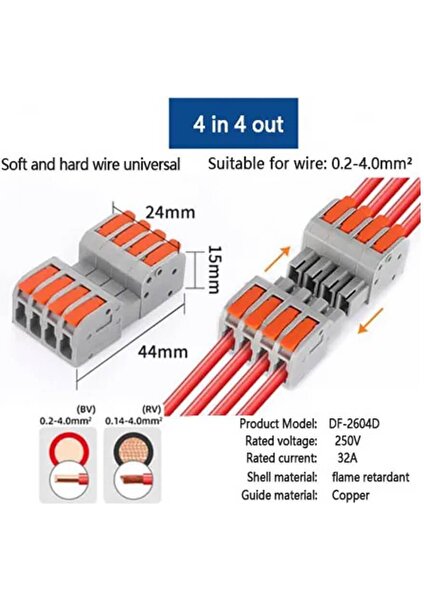 50 Adet Hızlı Kablo Ekleme Birleştirme Konnektörü - Dörtlü Klemens - Bağlantı Kesme Özellikli