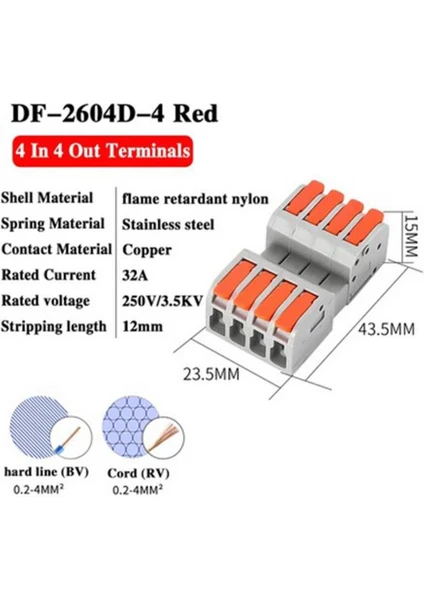 1 Adet Hızlı Kablo Ekleme Birleştirme Konnektörü - Dörtlü Klemens - Bağlantı Kesme Özellikli