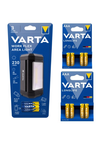 VARTA17648 Work Flex LED Fener Area + Varta Alkalın Pil 8 Adet Aydos