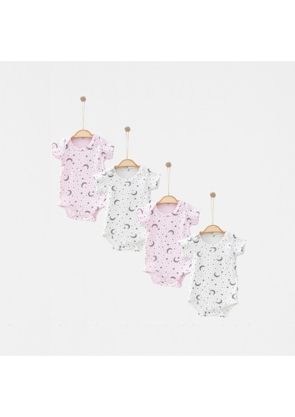 Bisiklet Yakalı Pamuklu Kumaş Ay Yıldız Baskılı Pembe - Ekru ve Basic Kız Bebek Kısa Kollu Çıtçıtlı 4’lü Bebek Badi