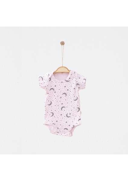 Bisiklet Yakalı Pamuklu Kumaş Ay Yıldız Baskılı Pembe - Ekru ve Basic Kız Bebek Kısa Kollu Çıtçıtlı 4’lü Bebek Badi fiyatları