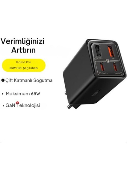 4in1 Gan 6 Pro 65W 2x Usb, 2x Pd Type C Şarj Aleti, 1mt 100W Type C Kablolu Şarj Aleti, Voltaj Korumalı