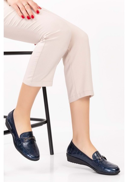 Kadın Deri Anatomik Taban Lastikli Babet ELL.7085 - Lacivert - 36