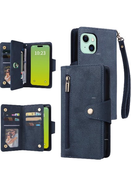 El Kayışı Manyetik Kart ile iphone 15 Artı Fermuar Cüzdan Kapak (Yurt Dışından)