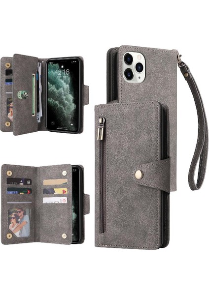 El Kayışı Kart Tutucu Fermuar ile iphone 12 Pro Manyetik Deri Kılıf (Yurt Dışından)