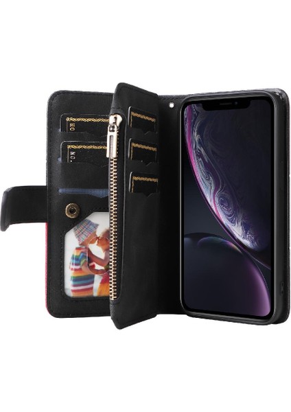 IPhone Xr Iki Renkli Dikiş Fermuar Cüzdan Tarzı Kickstand ile Kılıf (Yurt Dışından)