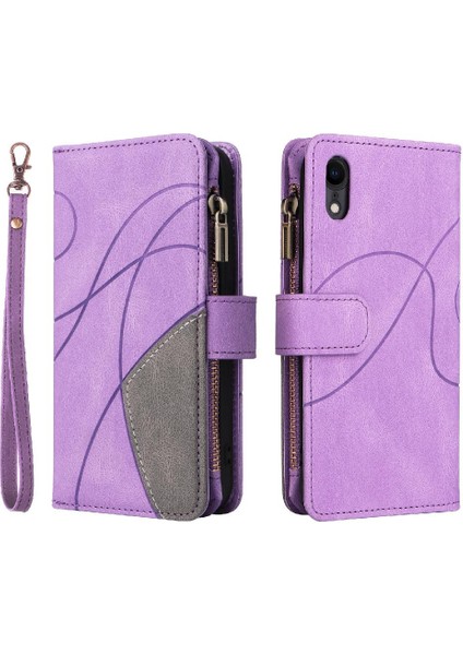 IPhone Xr Iki Renkli Dikiş Fermuar Cüzdan Tarzı Kickstand ile Kılıf (Yurt Dışından)